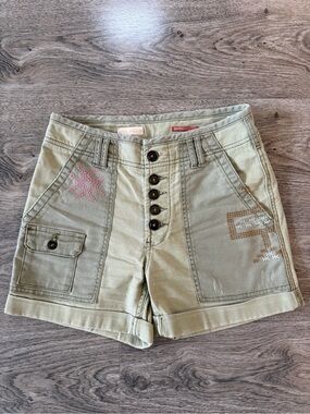 Anthropologie Wander Olive Utility Button-Front Women's Shorts with Pink Accent